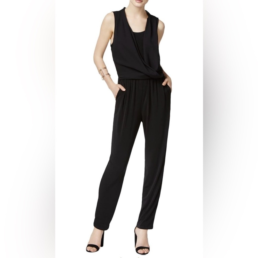 Bar III Black Jumpsuit‎ with Tapered Leg and Wrap Bodice